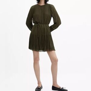 Mango Olive Green Long-Sleeve Tiered Mini Dress